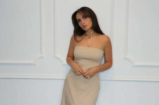 Robe Siena – Robe Longue Bustier Fendue Beige