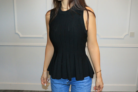 Haut Alva Noir à Volants Côtelé Cintré