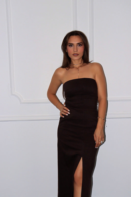 Modèle Siena - Robe longue bustier fendue – Marron Acajou