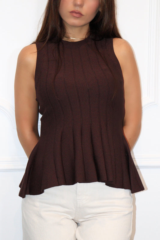 Haut Alva marron à Volants Côtelé Cintré