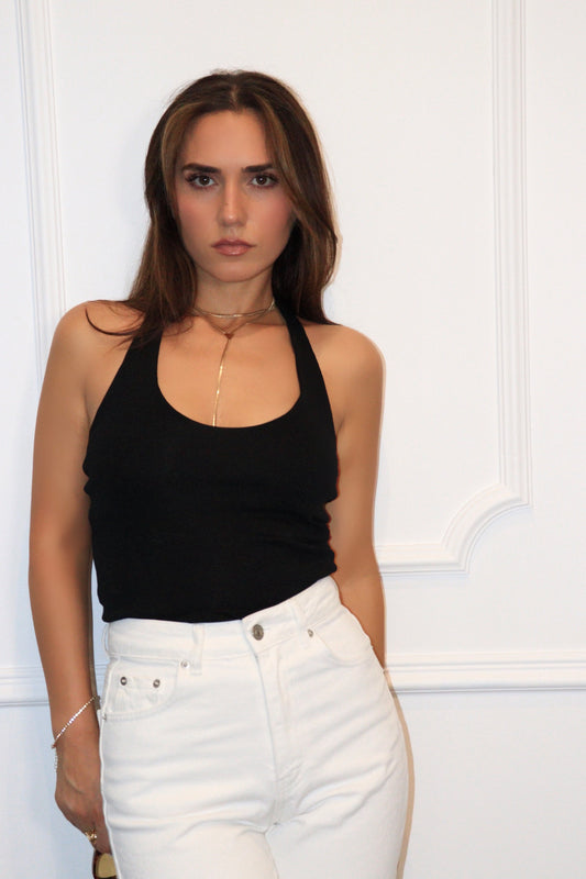 Top Elora – Haut Femme Noir Côtelé Col Halter
