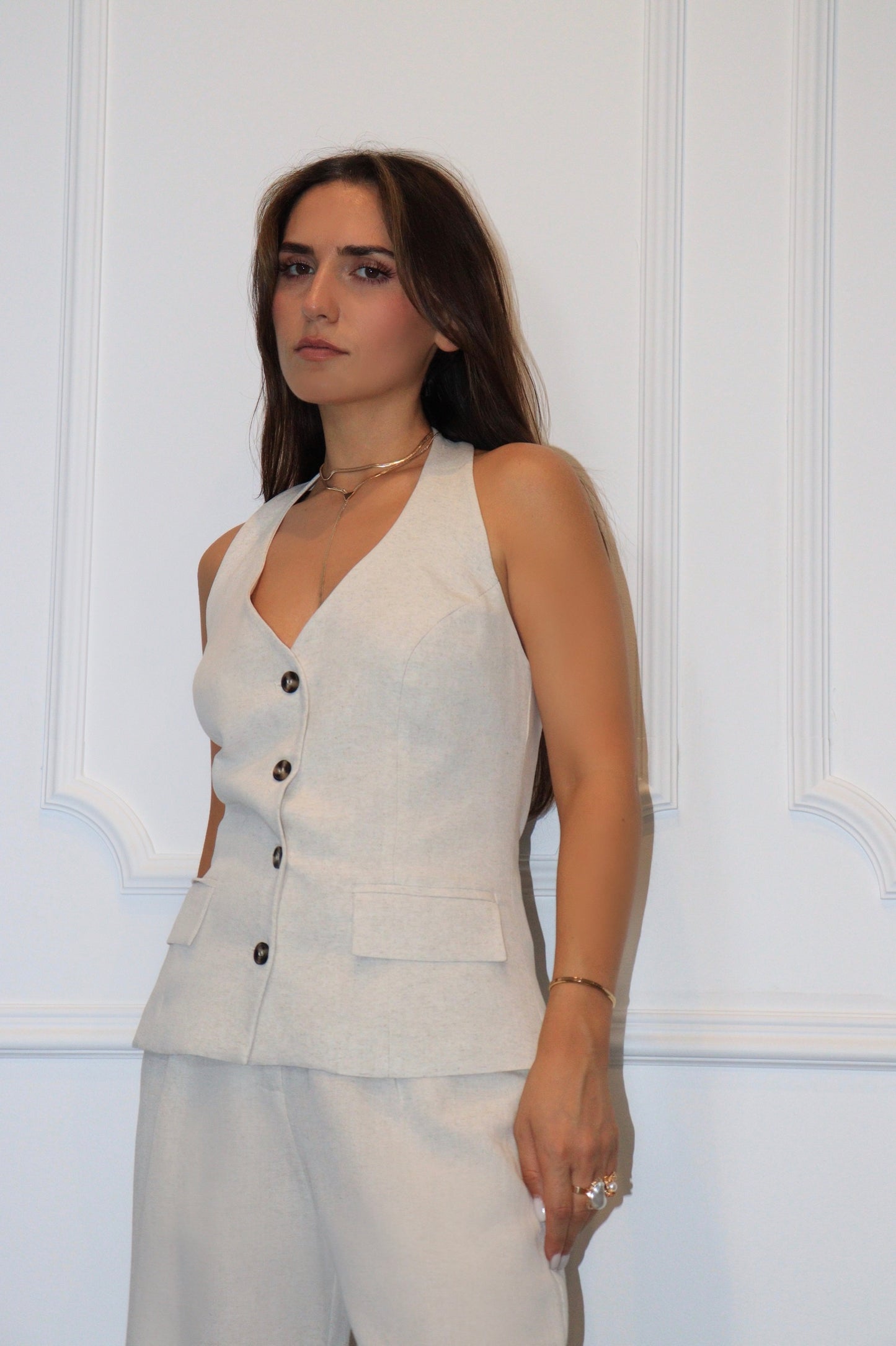 Ensemble Clara – Gilet sans manches et Pantalon Large en Lin Beige