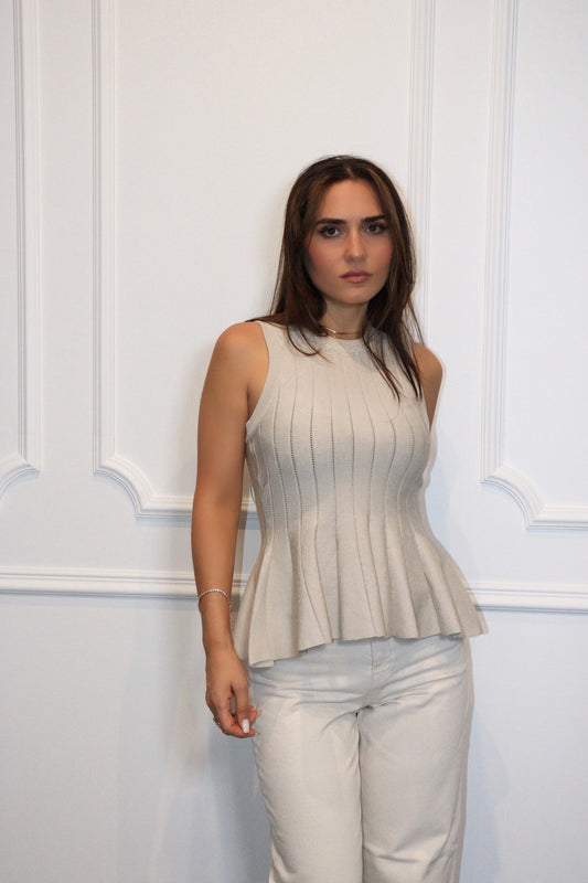 Haut Alva  Beige à Volants Côtelé Cintré