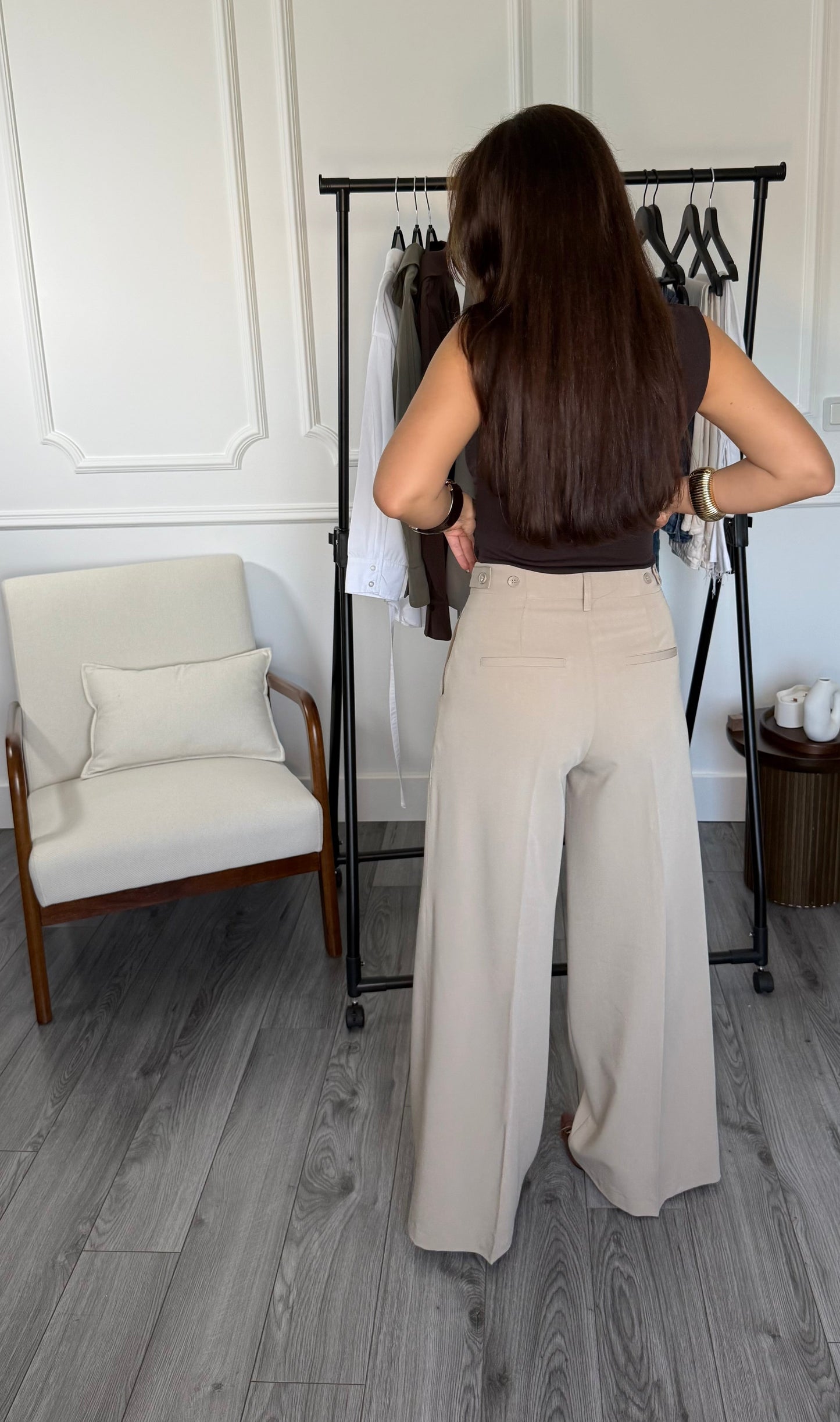 Pantalon Livia – Jambes larges taille haute – Beige clair