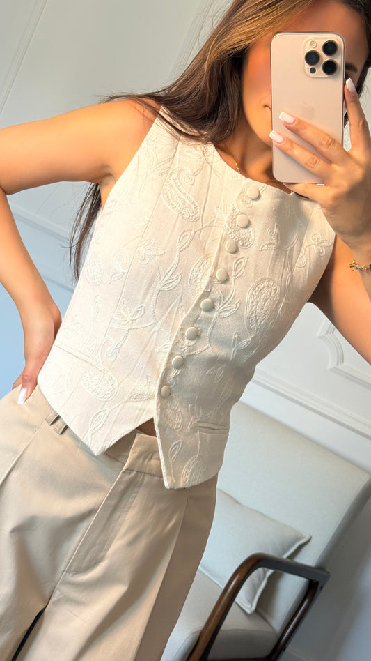 Élise Écrue – Veste Brodée Sans Manches